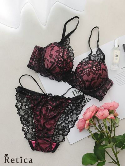ピンク×ブラックフラワーレース脇高カップブラジャー＆ショーツ2点セット(A~F,65~80)