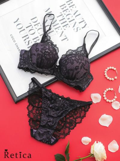 エレガントフラワーブラックレースレイヤード脇高カップブラジャー＆ショーツ2点セット(A~F,65~80)
