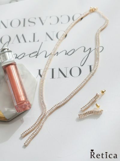 [SALE] アシンメトリーデザインYラインゴールドネックレスピアスセット