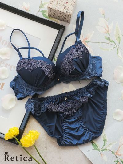 バストジップサテンカップブラジャー&ショーツセット☆(ネイビー