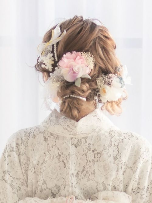 花×リボン×パールのデザイン浴衣髪飾り3点セット(ピンク