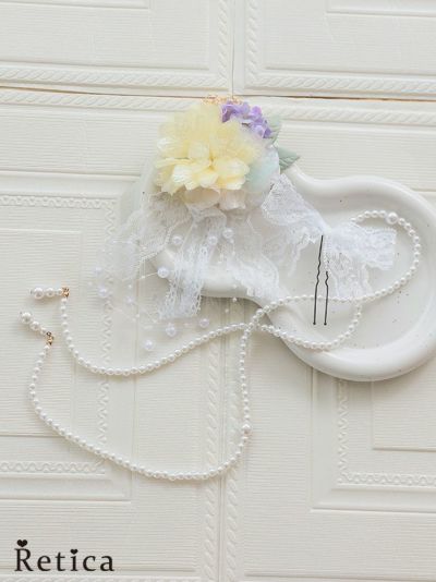 パールアクセサリー付きフラワーレースクリップ浴衣ヘアアクセサリー3点セット (イエロー)