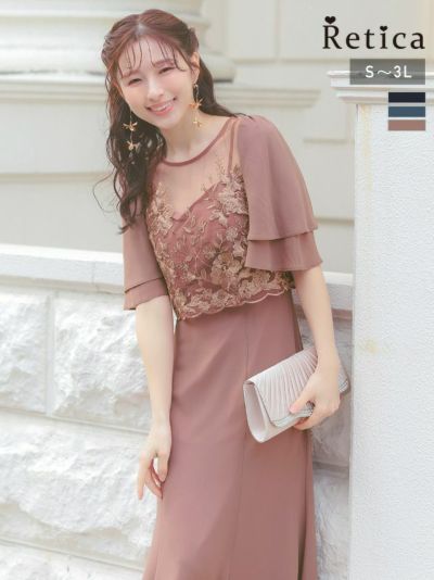 フラワー刺繍シフォンセミマーメイドワンピースパーティードレス (Sサイズ～3Lサイズ)