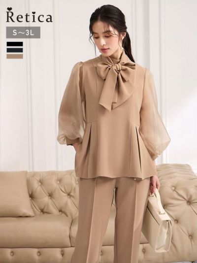 エレガントシアー袖ボウタイパンツセットアップ(Sサイズ～3Lサイズ) (ベージュ/ネイビー/ブラック)