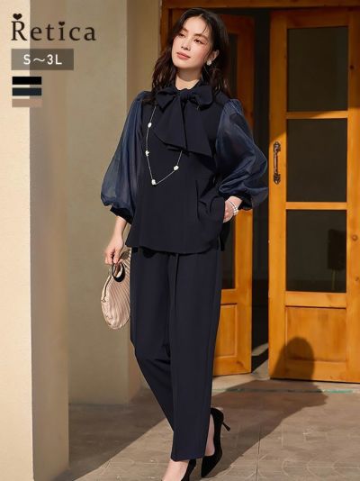 シアー袖ペプラムシルエットボウタイパンツセットアップ(Sサイズ～3Lサイズ) (ベージュ/ネイビー/ブラック)