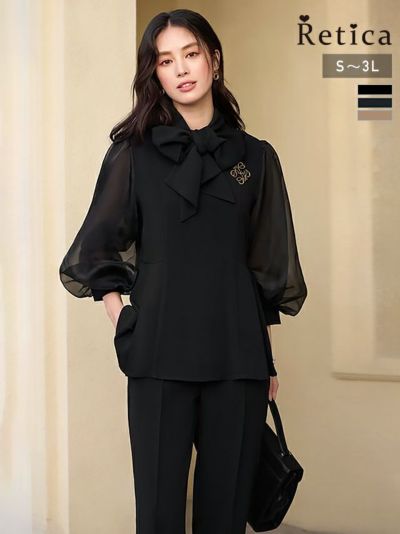 [SALE] シアーパフスリーブブラウスパンツセットアップ(Sサイズ～3Lサイズ) (ベージュ/ネイビー/ブラック)