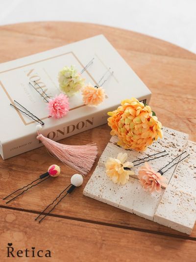 タッセル付きカラフルフラワー浴衣ヘアアクセサリー9点セット (イエロー)
