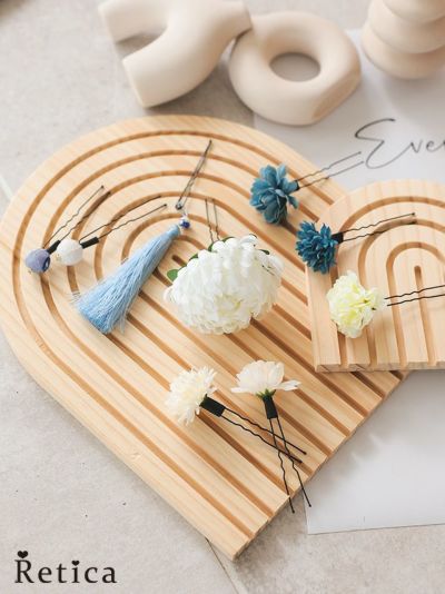 [SALE] タッセル＋玉かんざし付きフラワー浴衣ヘアアクセサリー9点セット (ブルー)