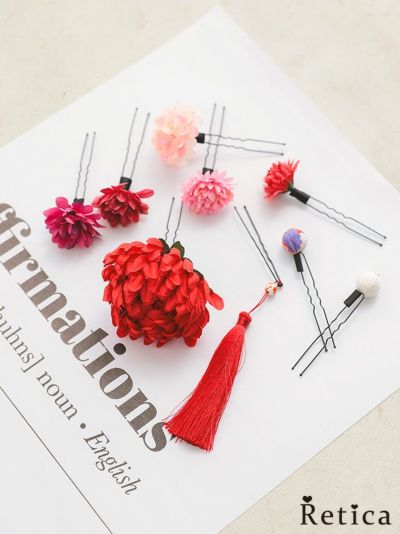 [SALE] フラワー+タッセル+玉かんざし浴衣ヘアアクセサリー9点セット (レッド)