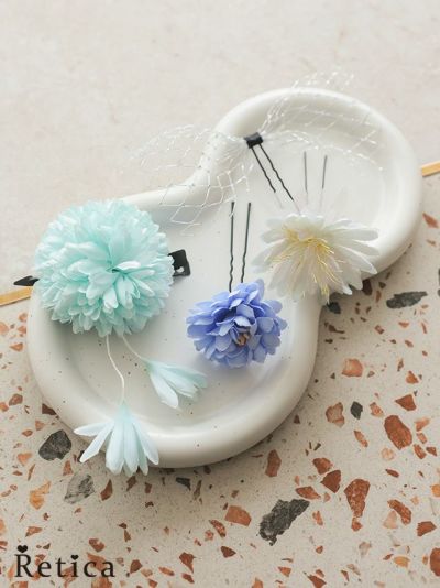 メッシュリボン付きしだれ花浴衣ヘアアクセサリー4点セット (ミントブルー)