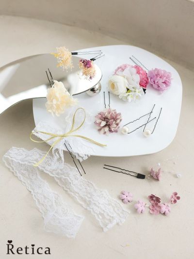 [SALE] リボン付きフラワーパール垂れヘアアクセサリー11点セット(パープル)