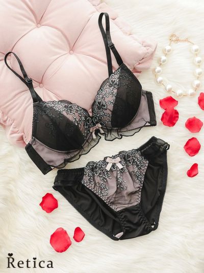 小花柄リボンフリルカップブラジャー＆ショーツセット(ブラック×ピンクベージュ)(A～D/65～75)