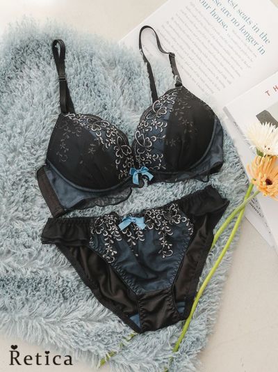 シアーフリルブラジャー＆ショーツセット(ブラック×カデットブルー)(A～D/65～75)