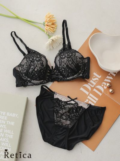 レースアップ×コードデザインブラジャー＆ショーツセット(ブラック×ベージュ)(B～D/65～85)