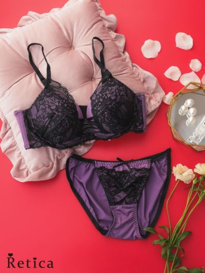 レースアップカップブラジャー＆ショーツセット(ブラック×パープル)(B～D/65～85)