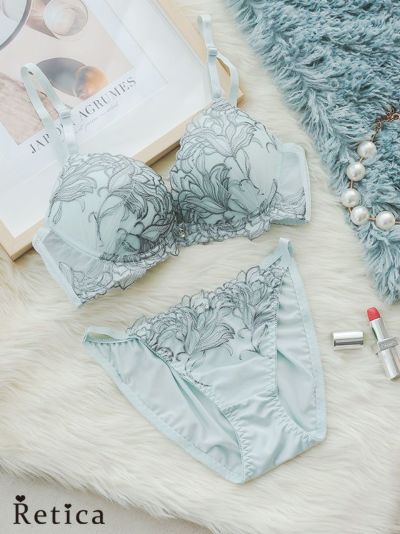 フローラルエンブロイダリーレースブラジャー＆ショーツセット(アイスグリーン)(A～D/70～85)