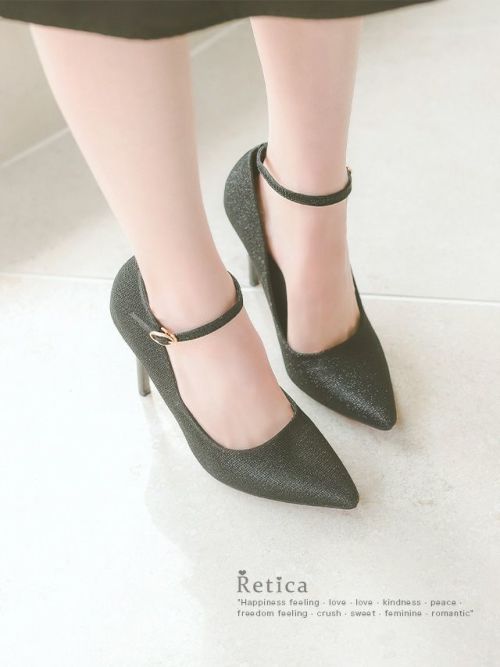 SALE] ラメ入りアンクルストラップハイヒールパンプス(ブラック