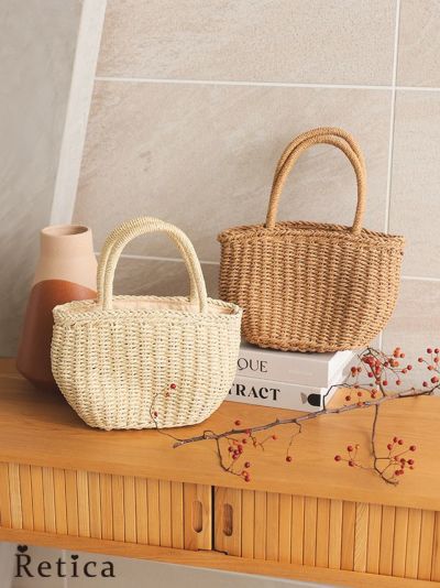 [SALE] 巾着仕様2Wayシンプルトートかごバッグ(ブラウン/アイボリー)