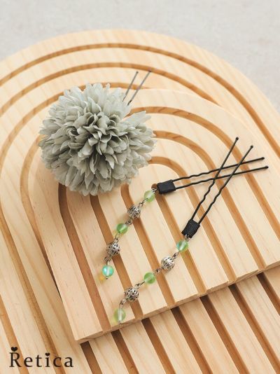 [SALE] ビジュー垂れ飾り付きポンポンマム浴衣ヘアアクセサリー3点セット(ミントグレー)