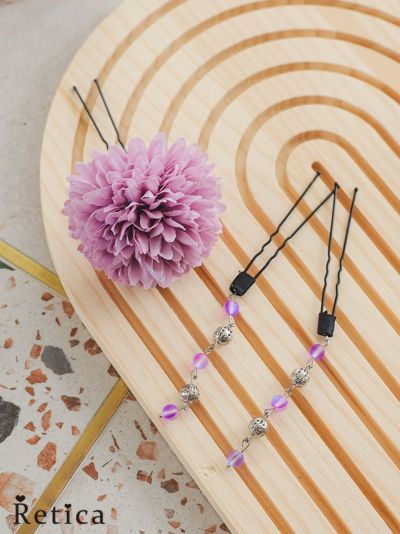 ビジュー垂れ飾り+フラワーUピン浴衣ヘアアクセサリー3点セット(パープル)