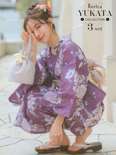 [SALE] アンティークフラワー柄ラズベリー生地浴衣3点セット(浴衣+兵児帯+下駄)