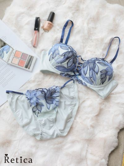 レースアップ花柄刺繍×サイドスリングブラジャー＆ショーツセット(ブルー)(B～D/65～85)