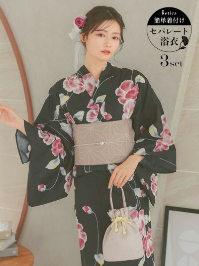 [SALE] 黒地グラデーション花レディースセパレート浴衣(浴衣・作り帯・下駄)