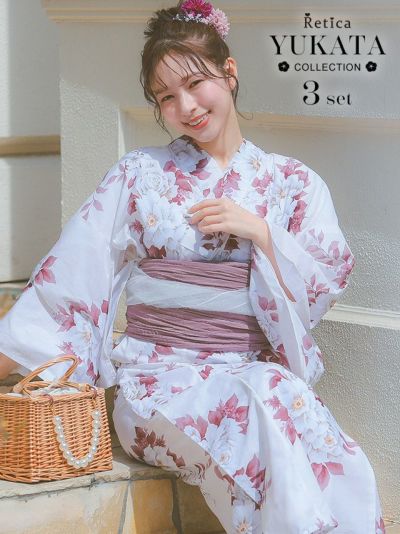 [SALE] 白地牡丹柄ガーリーレディース浴衣3点セット(浴衣＋兵児帯＋下駄)