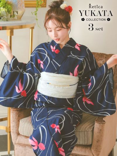 [SALE] 流水紋×赤金魚柄紺生地レトロ風レディース浴衣(浴衣＋兵児帯＋下駄)