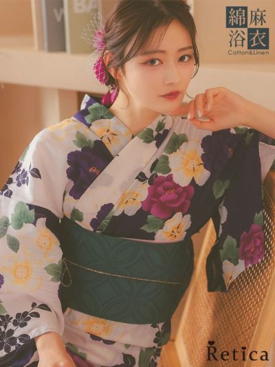 綿麻生地白地3色花柄レディース浴衣3点セット(浴衣+平帯or作り帯+下駄)