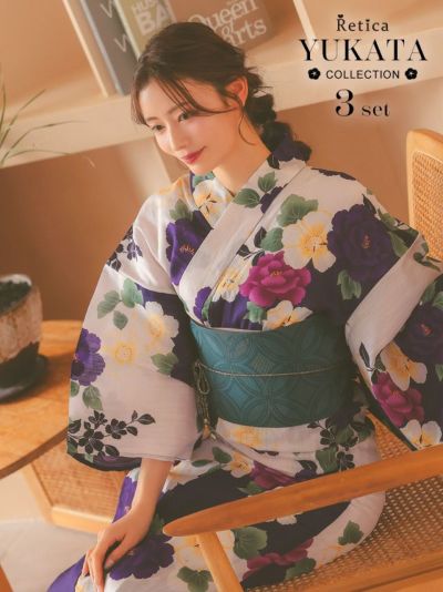 [SALE] 綿麻生地白地3色花柄レディース浴衣3点セット(浴衣+平帯or作り帯+下駄)