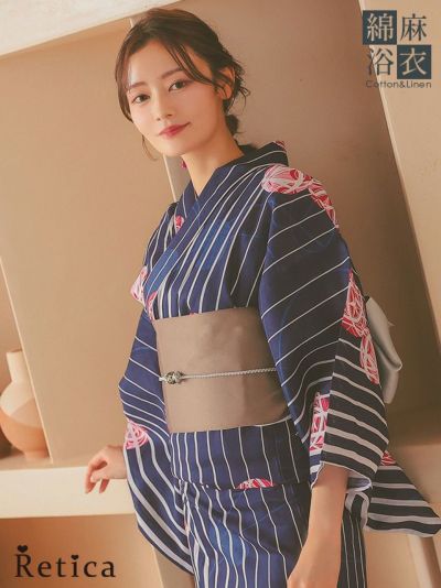 [SALE] 綿麻生地紺生地白ストライプ×鞠デザインレディース浴衣3点セット(浴衣+平帯or作り帯+下駄)