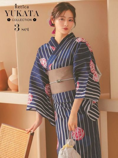 [SALE] 高級綿麻 リネン素材 吸湿性・通気性 紺生地白ストライプ×鞠デザインレディース浴衣3点セット(浴衣+平帯or作り帯+下駄)