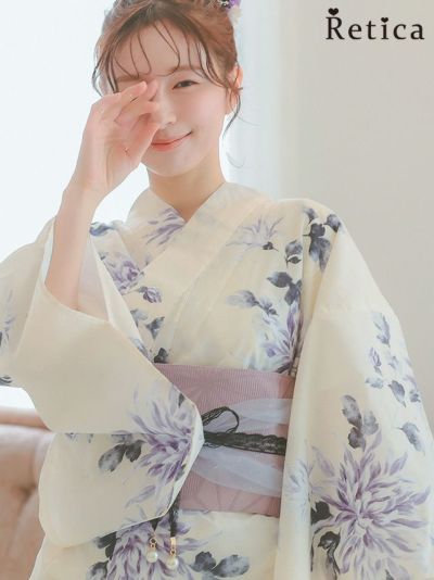 薄紫菊模様クリーム色生地レディース浴衣3点セット&#160;(浴衣+平帯or作り帯+下駄)