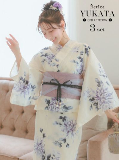 [SALE] 薄紫菊模様クリーム色生地レディース浴衣3点セット (浴衣+平帯or作り帯+下駄)
