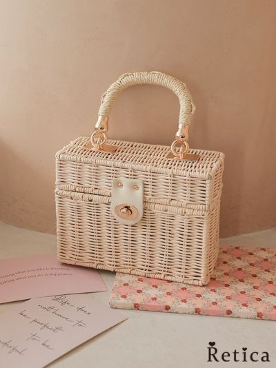 [SALE] ボックス型金具付き2wayラタンかごバッグ(ベージュ)