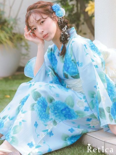 水彩紫陽花模様ペールブルー生地3点セットレディースワンピース浴衣(浴衣+下駄+兵児帯)