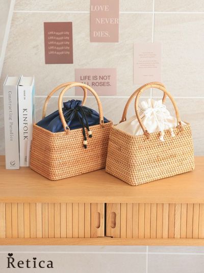 [SALE] スクエア型ナチュラル巾着絞り付きかごバッグ(ブラウン×ベージュ/ブラウン×ネイビー)