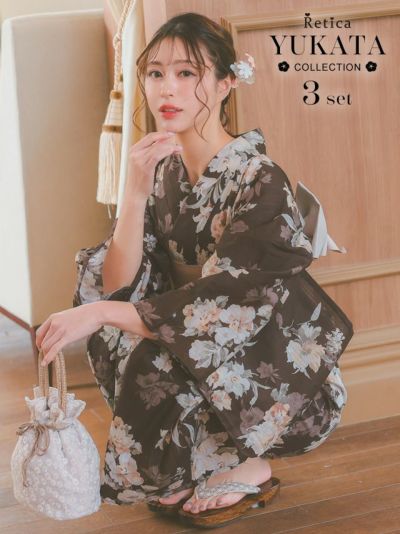 [SALE] アンティーク調花柄ブラウン生地レディース浴衣3点セット(浴衣+平帯or作り帯+下駄)