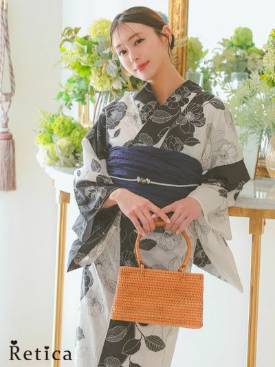 モノトーン椿柄レディース浴衣3点セット(浴衣+下駄+兵児帯)