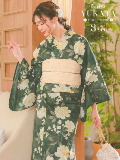 [SALE] 緑生地に淡いイエロー牡丹アンティークレトロレディース浴衣3点セット(浴衣+下駄+兵児帯)