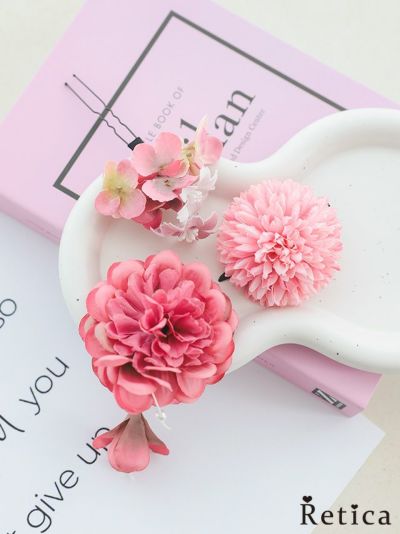 [SALE] ふんわり花重ねクリップ&Uピン浴衣髪飾り3点セット（ダスティピンク）