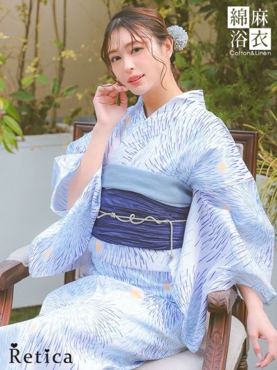 [SALE] 綿麻生地涼しげブルーグラデーション花火柄白地レディース浴衣3点セット(浴衣+下駄+兵児帯)