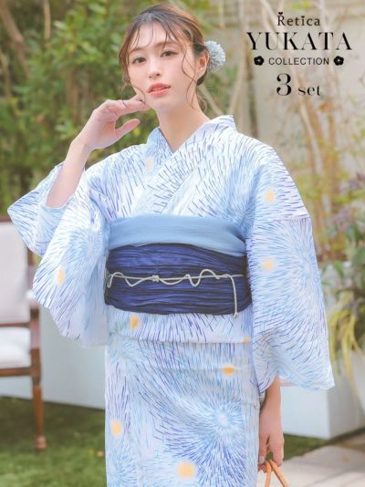 [SALE] 綿麻生地涼しげブルーグラデーション花火柄白地レディース浴衣3点セット(浴衣+下駄+兵児帯)