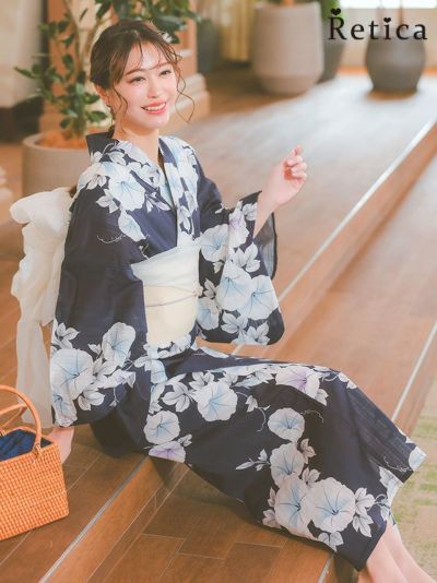 紺地に朝顔柄の上品涼しげレディース浴衣3点セット(浴衣+平帯or作り帯+下駄)