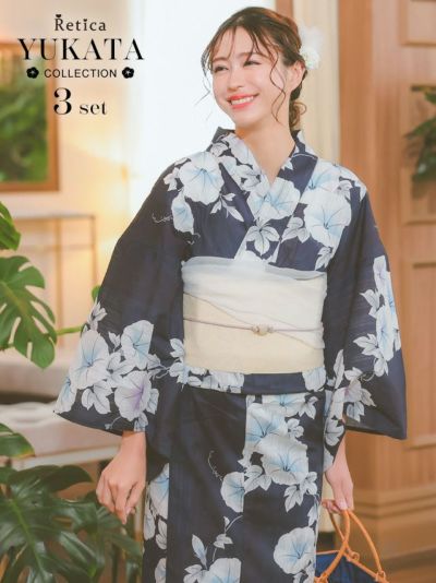 [SALE] 紺地に朝顔柄の上品涼しげレディース浴衣3点セット(浴衣+平帯or作り帯+下駄)