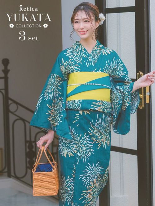 SALE] 青緑生地にカラフル鮮やか花火柄レディース浴衣3点セット