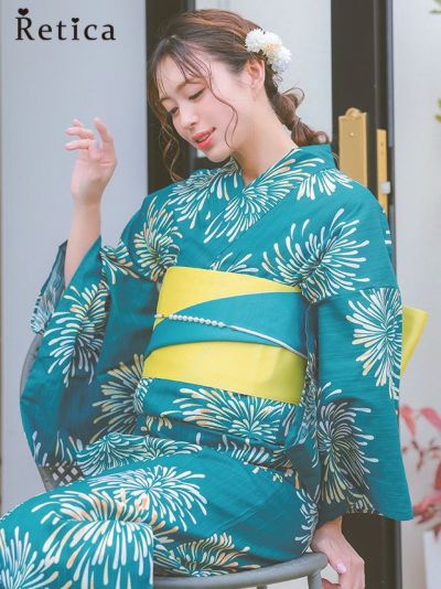 青緑生地にカラフル鮮やか花火柄レディース浴衣3点セット(浴衣+平帯or作り帯+下駄)