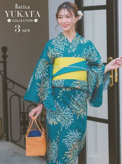 [SALE] 青緑生地にカラフル鮮やか花火柄レディース浴衣3点セット(浴衣+平帯or作り帯+下駄)