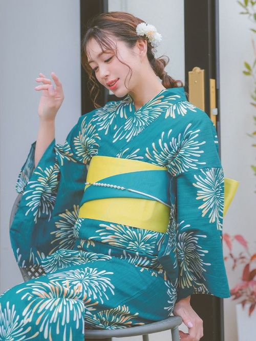 SALE] 青緑生地にカラフル鮮やか花火柄レディース浴衣3点セット